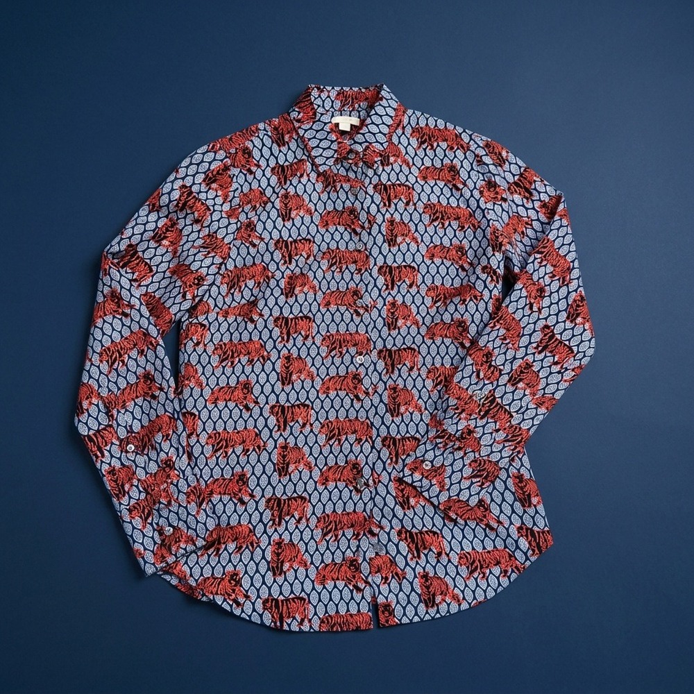 J.Crew Collection Womens 100% Silk Tiger Print Button Down Shirt Blue Red K1066